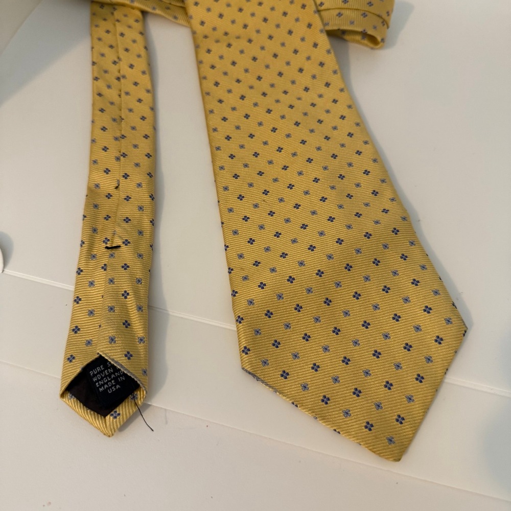Brooks Brothers Makers Yellow Silk Tie Blue Floral Geometric Woven England USA